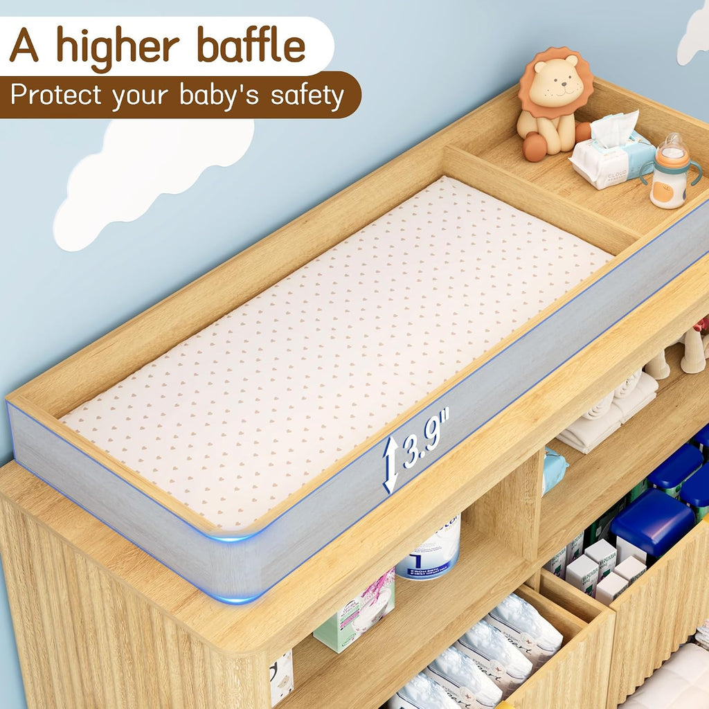 Changing Table Dresser, 4 Large Drawers Wood Baby Nursery Dresser with Raised and Detachable Changing Table Top