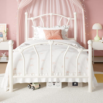 Metal Twin Bed Frame for Kids, Heart-Shaped Design, Cream White | 14 Inch Iron-Art Plarform Bed with