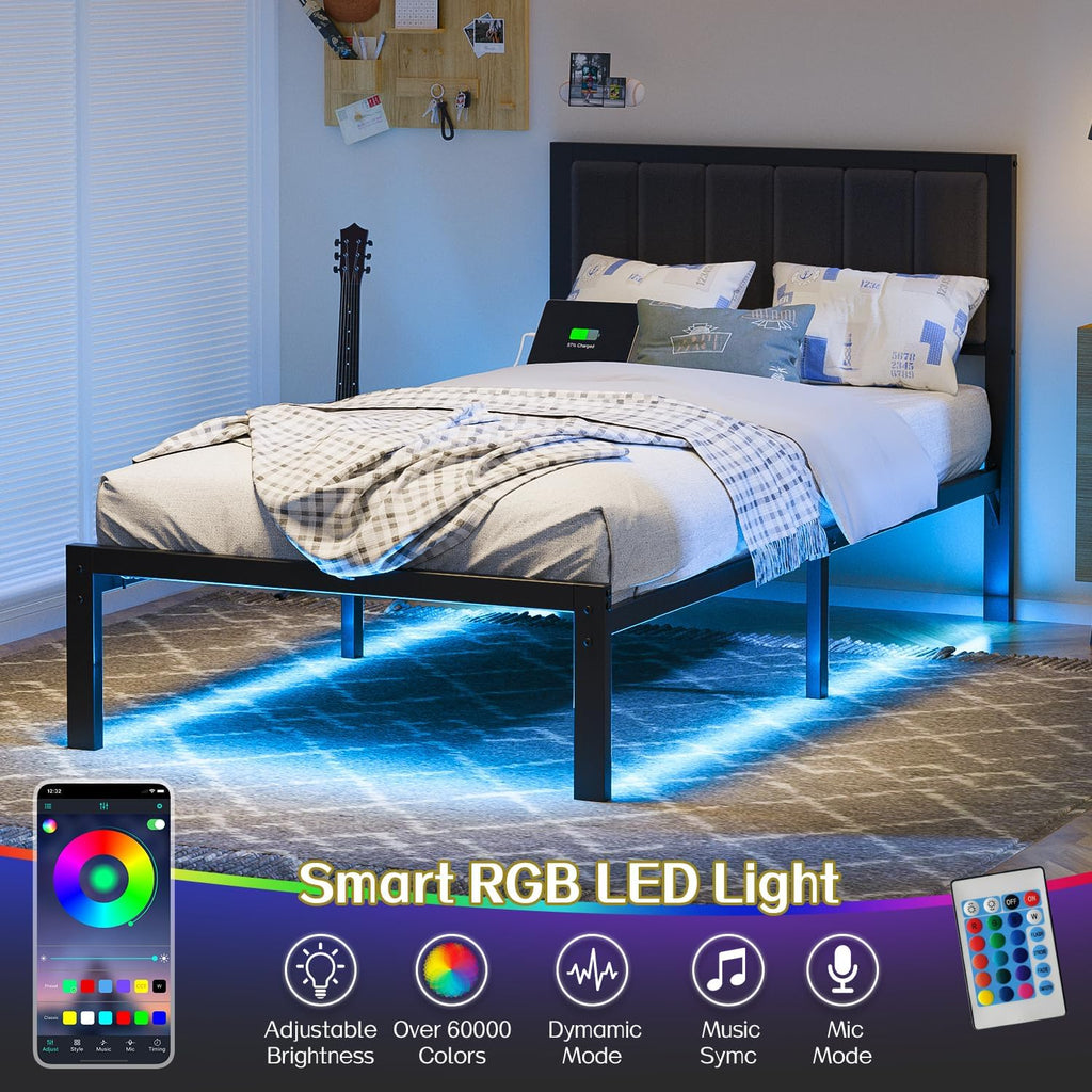 Twin Bed Frame with Headboard Metal Platform Bed Twin with USB Charging Station and LED Lights, No Box Spring Needed