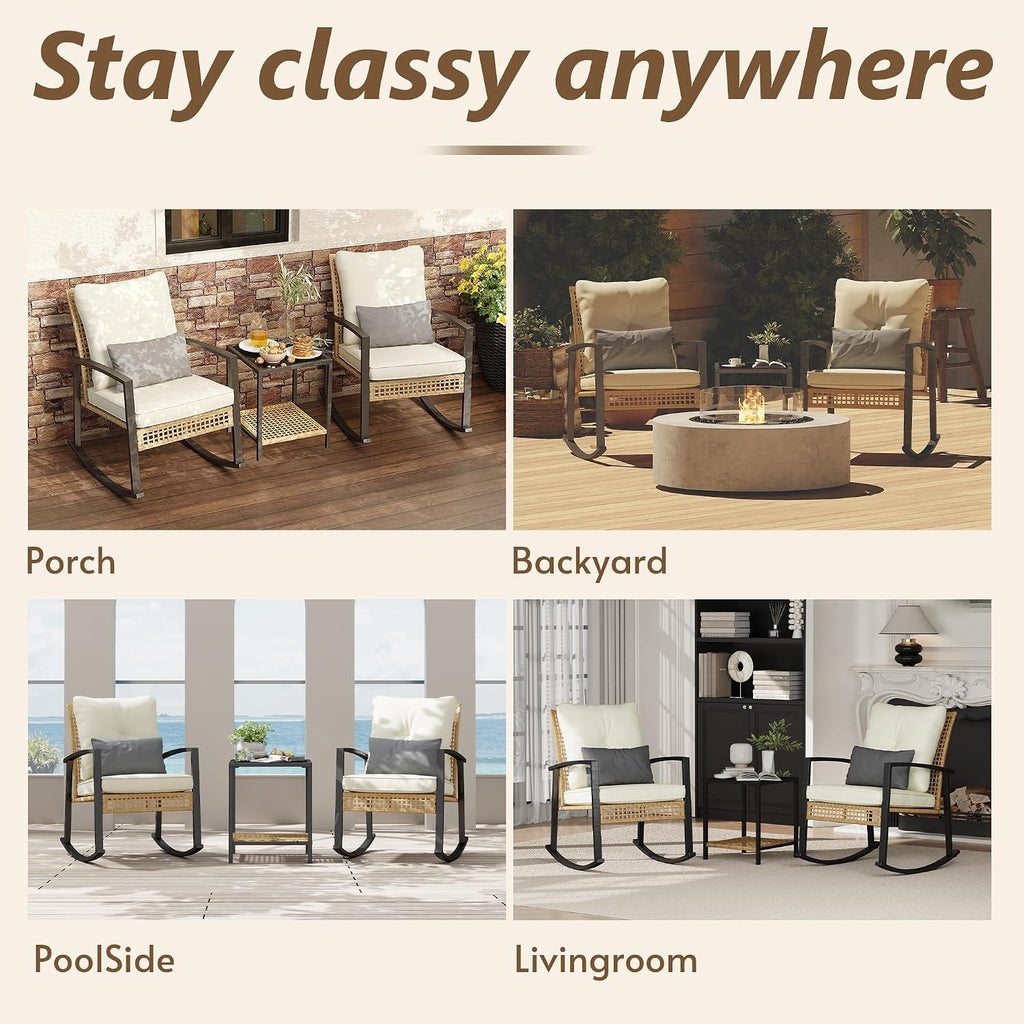 3 Piece Patio Rocking Chairs Set of 2, Outdoor Rocking Chair Bistro Set with Tempered Glass Coffee Table and Thick
