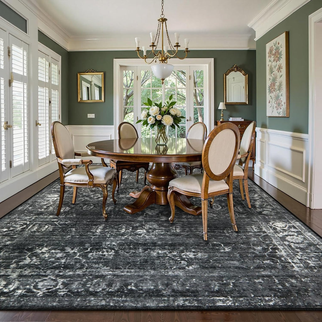 Margot Area Rugs 9x12 Living Room Soft Large Rugs for Bedroom, Boho Black Dining Room Rug, Distresse