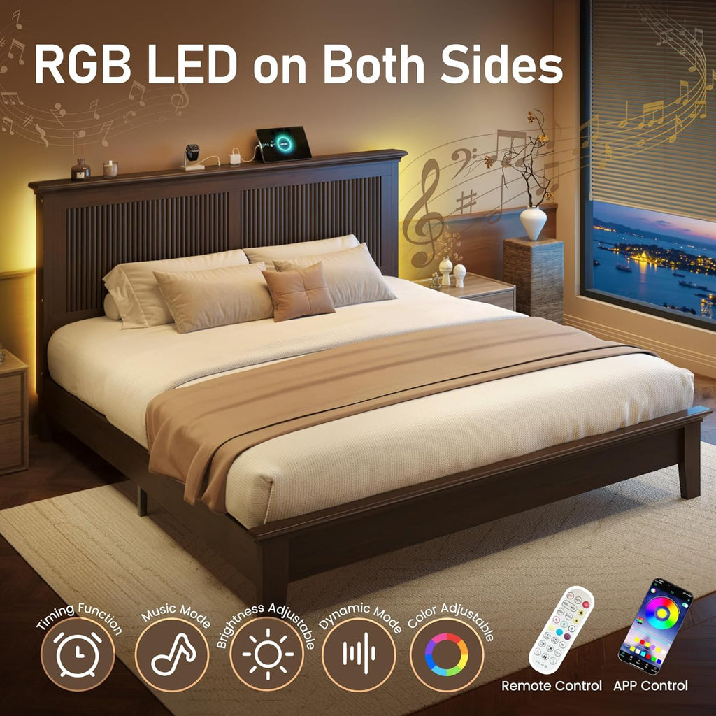 Wood Queen Bed, Solid Wood Bed With Tall Headboard, American Vintage Design, Queen Bed With Charging Station & RGB