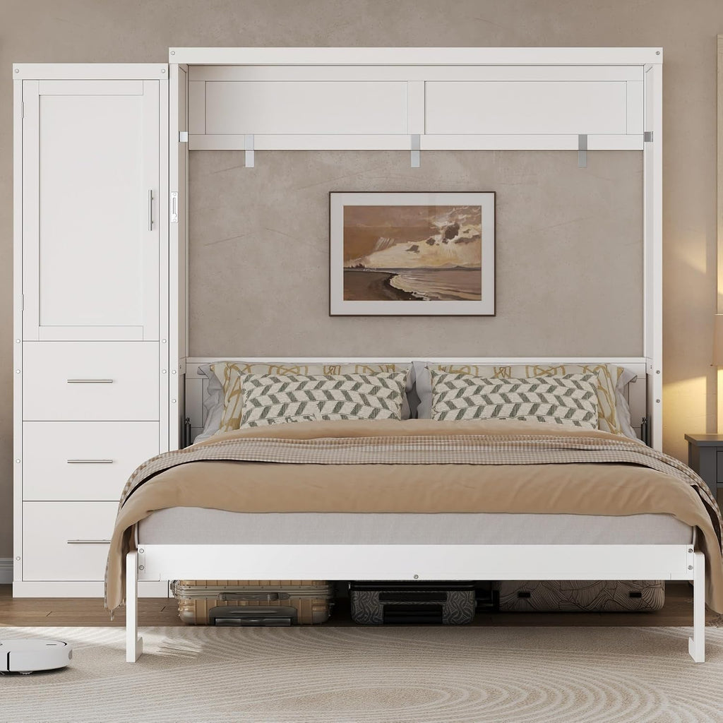 Queen Murphy Bed with Wardrobe, Farmhouse Hidden Foldable Wall Bed Frame with Storage Drawers, Space-Saving Storage