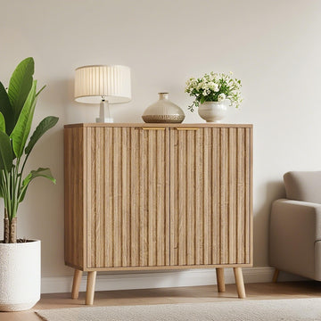 Fluted Buffet Cabinet, Free Standing Sideboard with Storage, Wood Accent Cabinet with Doors & Shelf, Multifunctional