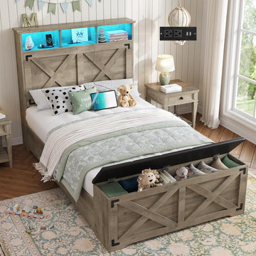 Farmhouse Twin Bed Frame with Storage Headboard and Charging Station Wood Platform Bed Frame Twin Size with Storage