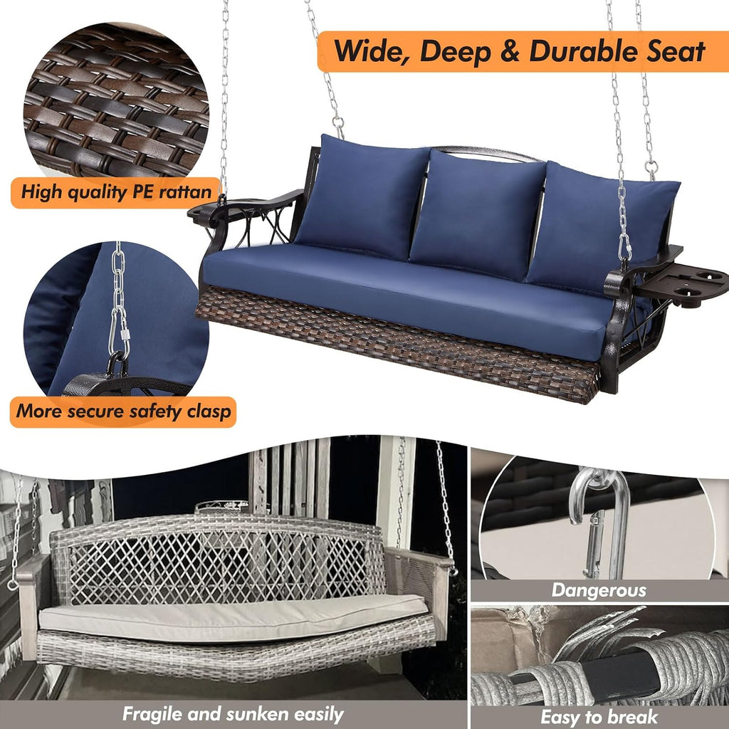 3-Person Wicker Porch Swing Chair Heavy Duty 900 LBS Outdoor Rattan Patio Swing Chair w/Cup-Holder & Steel Chains