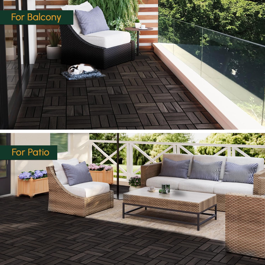 Acacia Interlocking Deck Tiles (12x12 Pack 30) - Waterproof Acacia Wood Decking for All Weather Use - Patio, Balcony