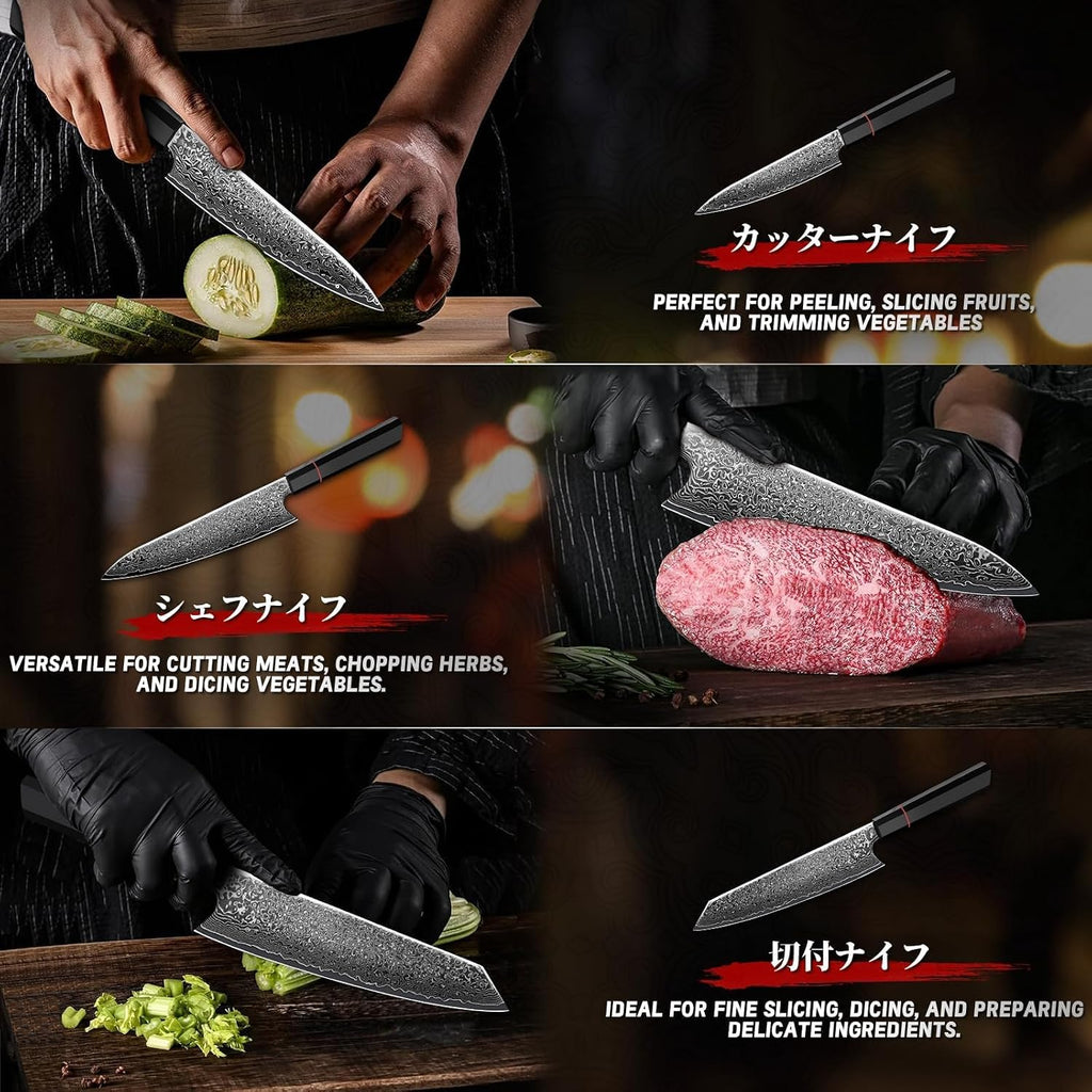 Damascus Knife Set 3 PCS - VG10 Kitchen Knife With Octagonal Handle | VG10 high-carbon steel, Japanese Artisanal