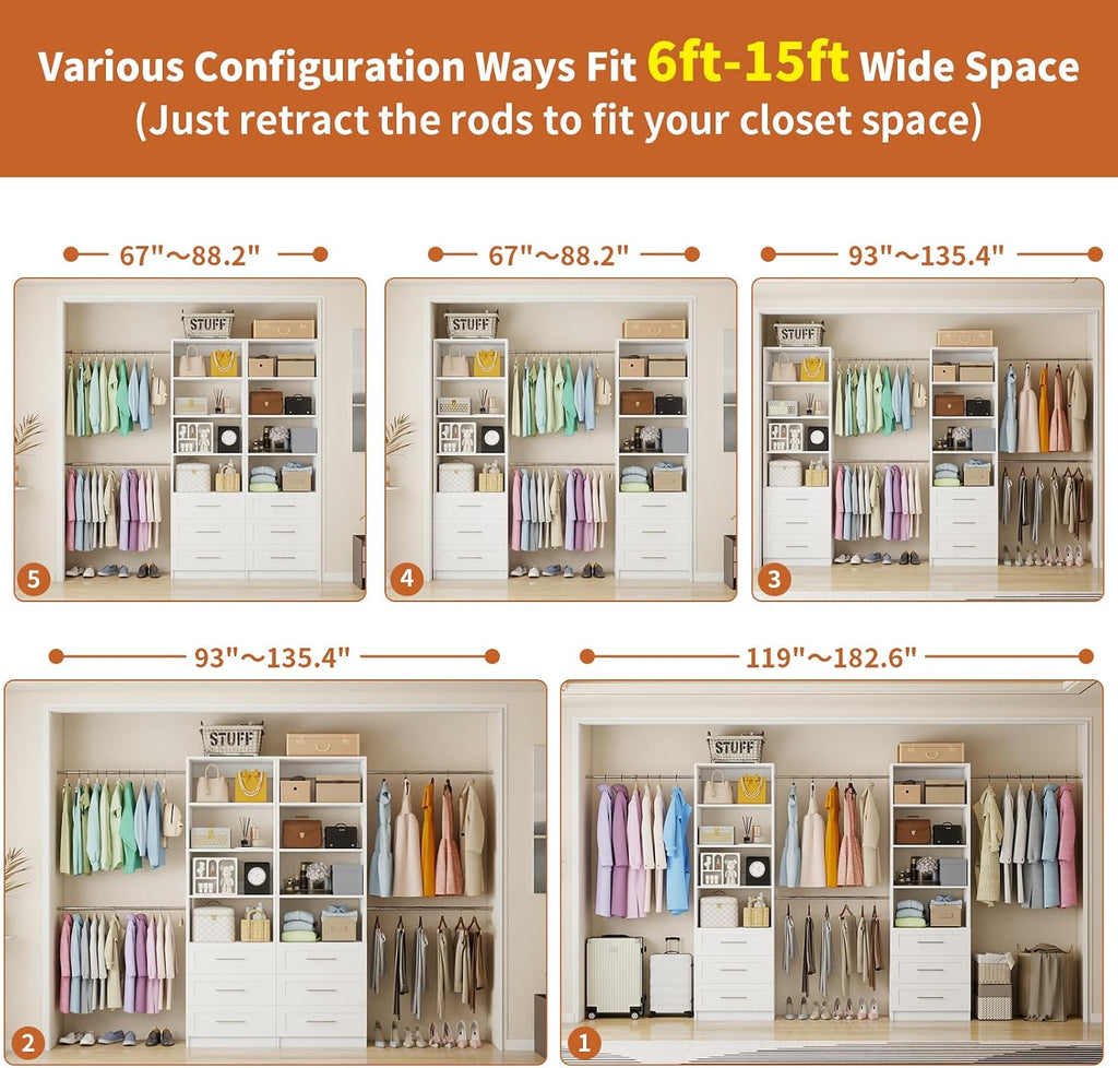 Closet System with 6 Drawers, 5-14FT Custom Closet Organizer System with 8 Expandable Hanging Rods&Adjustable
