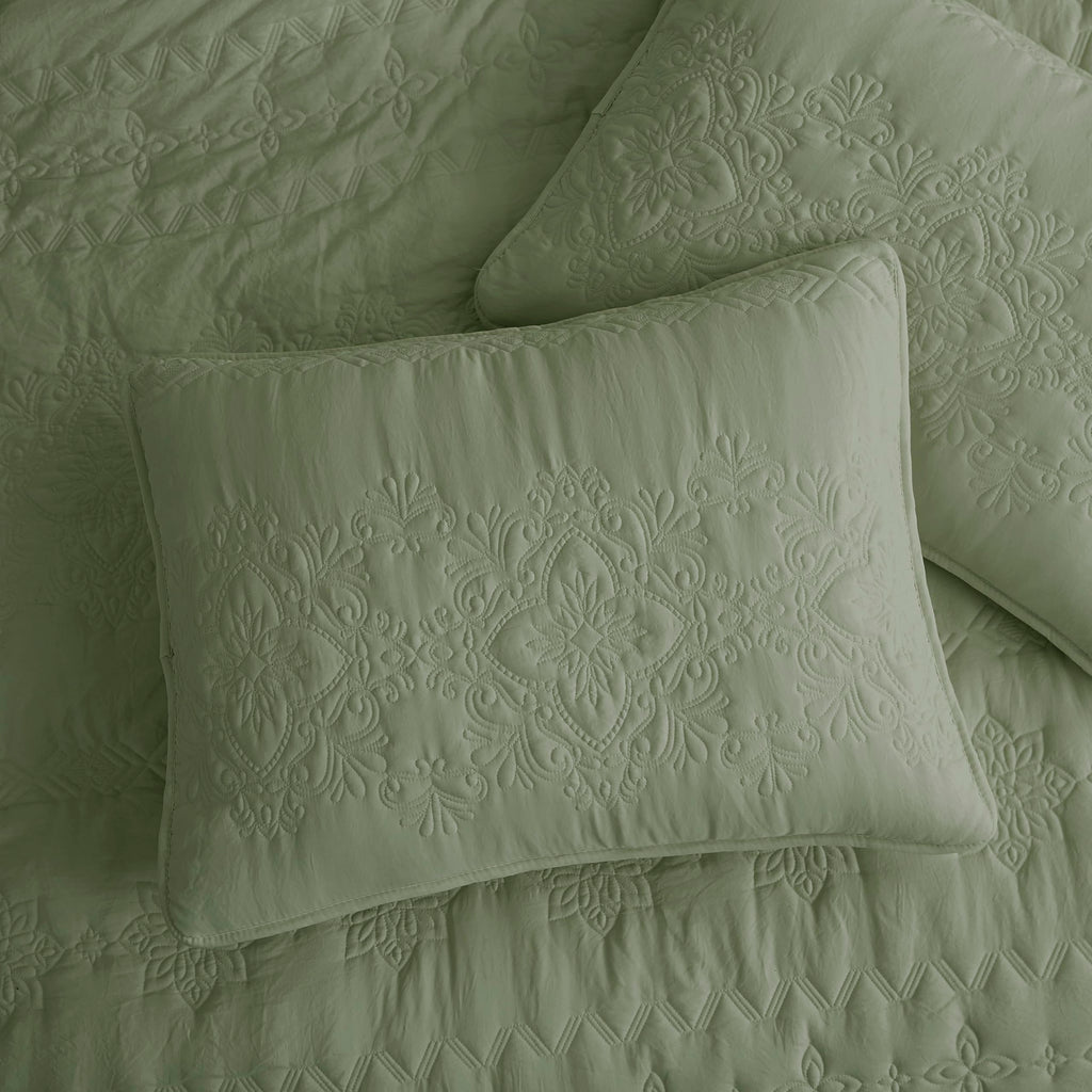 Boho Sage Green Quilt Queen Size Bedding Sets with Pillow Sham, Bohemian Lightweight Soft Bedspread Coverlet