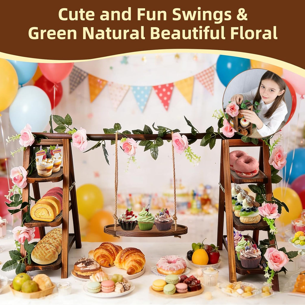 Wooden Cupcake Stand, 3 Tier Dessert Display Serving Tray with Swing and Flower Decoration, Foldable Tiered Ladders