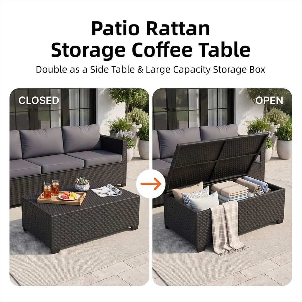 7-Piece Outdoor Patio Furniture Set, Grey | Rattan Outdoor Sectional with Thick Waterproof Cushions, Ottomans &
