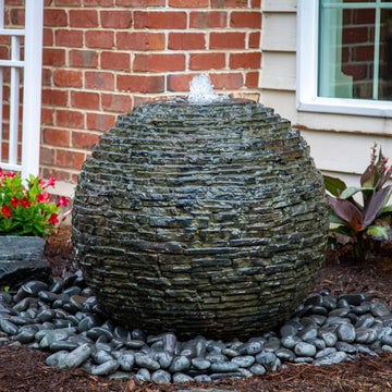 Stacked Slate Sphere Fountain, 24 Inch Diameter 61 cm, Lightweight Fiber-Resin Composite Decorative Water Feature