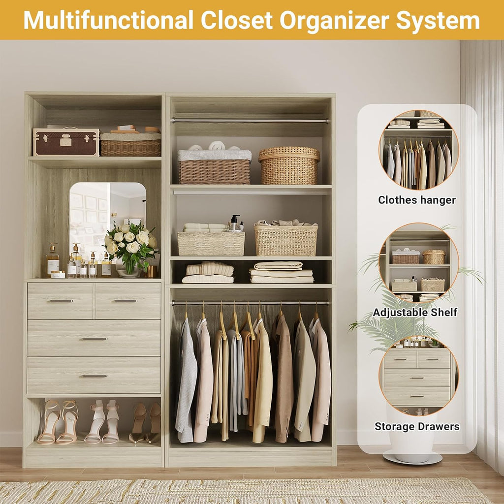 61" Closet System, Heavy Duty Wood Closet Organizer with 2 Hanging Rods, Walk-in Wardrobe Garment Rack with