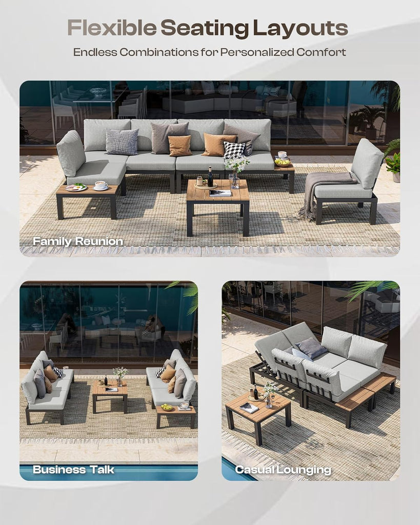 Aluminum Modular Outdoor Patio Furniture Set, 6 Seats Sectional Sofa Set with Adjustable Backrest & Thick Cushions