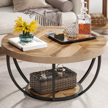 31.7" Round Wooden Coffee Table with Storage Pedestal