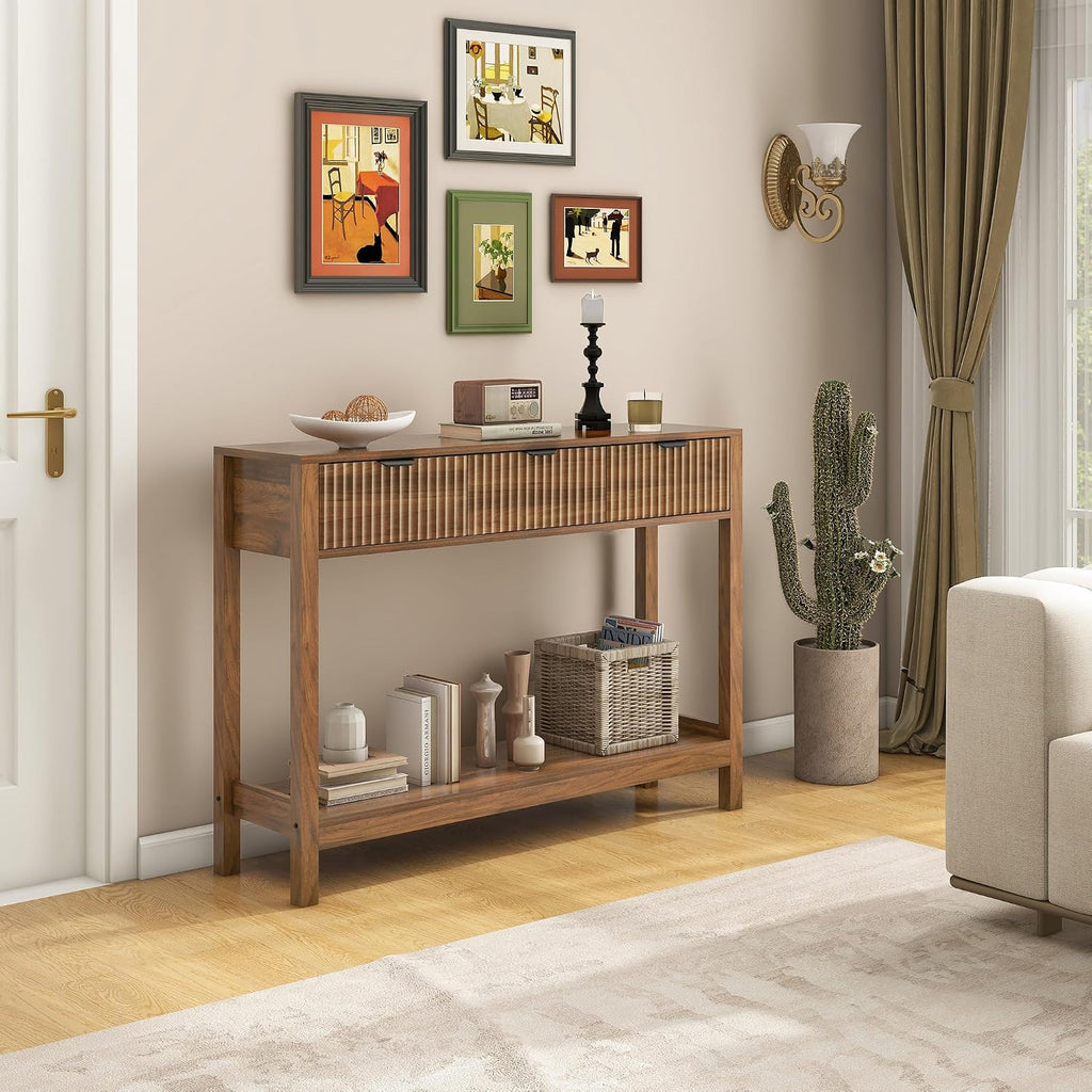 Fluted Console Table, Wooden Sofa Table with Storage and Drawers, Farmhouse Behind Couch Table Entryway Table for