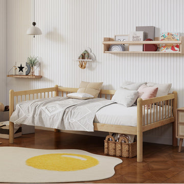 Twin Daybed with 3-Side Guardrails and Wood Frame, Natural
