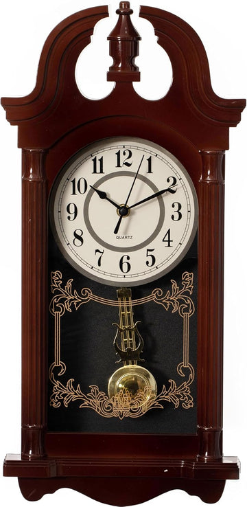 20" Plastic Grandfather Clock Realistic Wood-Grain Finish with Swinging Pendulum and Chiming Sound Battery-Operated Decorative Wall Accent for Home Office Living Room Kitchen Hallway, Brown