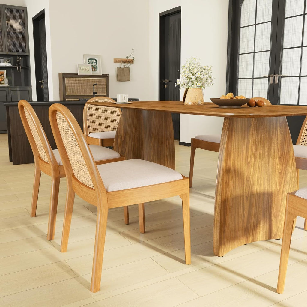 Rattan Dining Chairs Set of 2, Upholstered Linen Dining Room Chairs with Backrests, Modern Kitchen Chairs with Wood