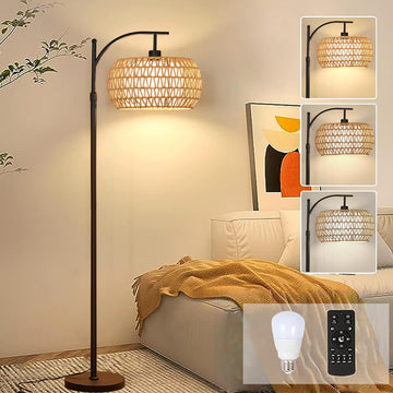 Arc Floor Lamps Rattan Boho Floor Lamp with Remote Control, Dimmable LED Floor Lamps Wicker Lamp Shades Black Standing