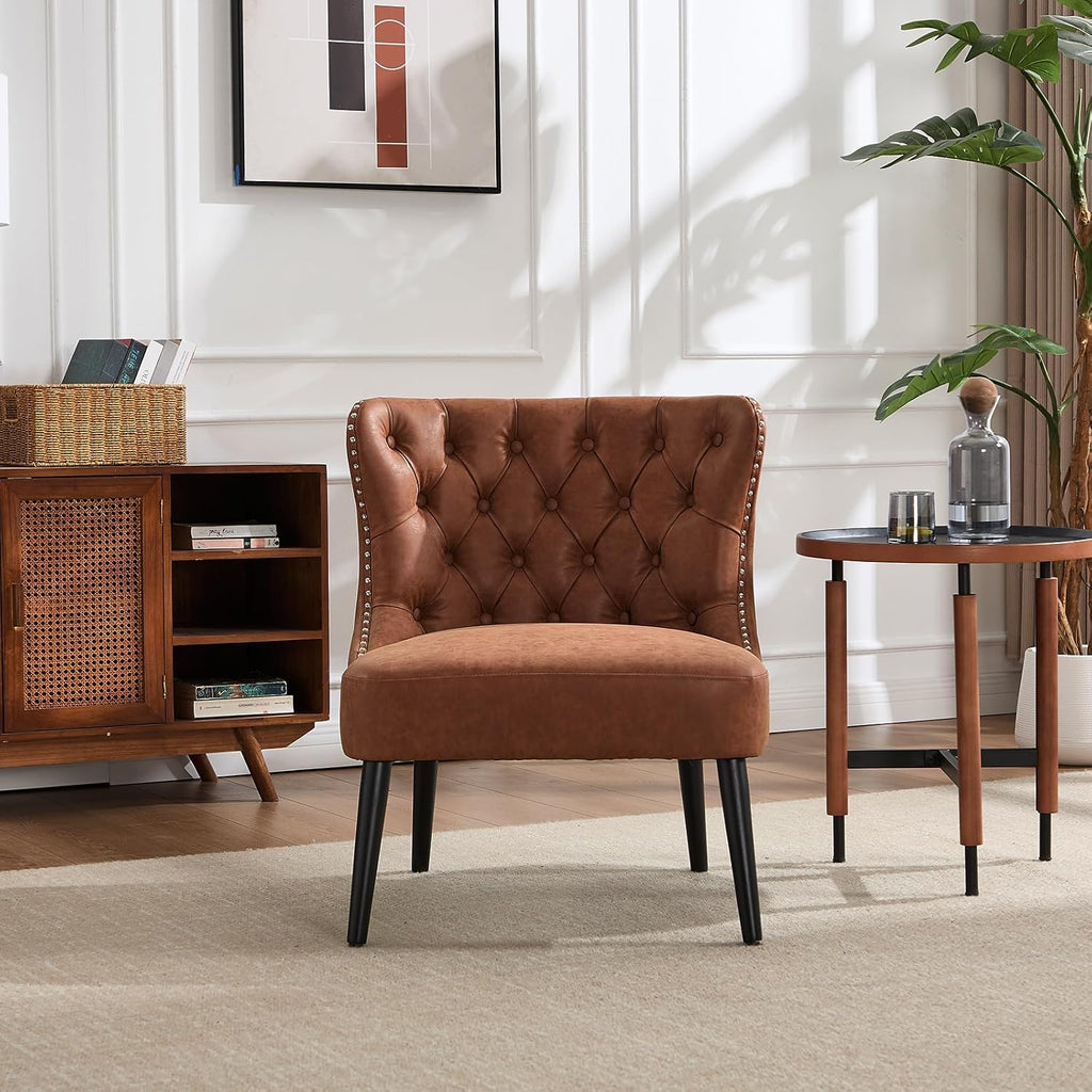 Accent Chair, Leather Slipper Chair with Button Tufted Wingback, Armless Living Room Chair with Nails Decorative