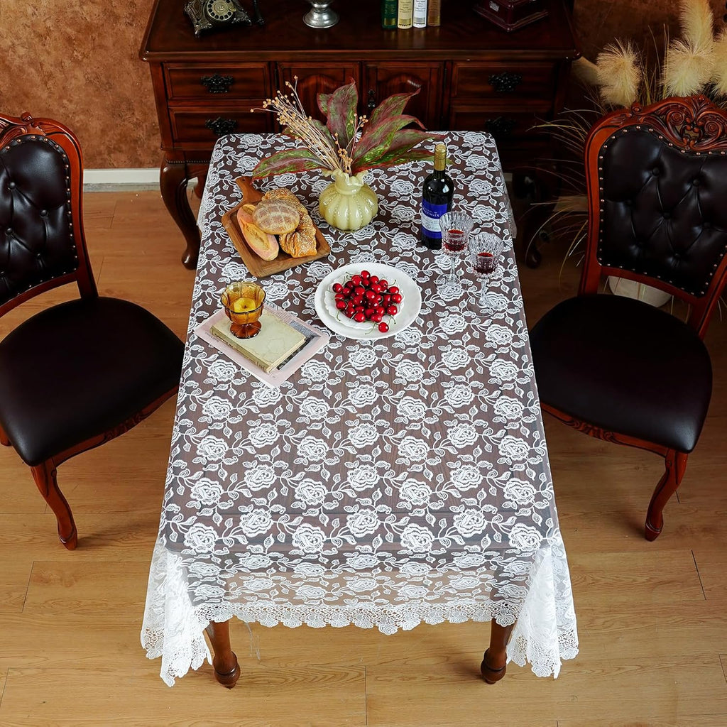 Rectangle Tablecloth White Embroidered Lace Raised Rose Pattern Fabric Farmhouse Rustic Table Cloth 