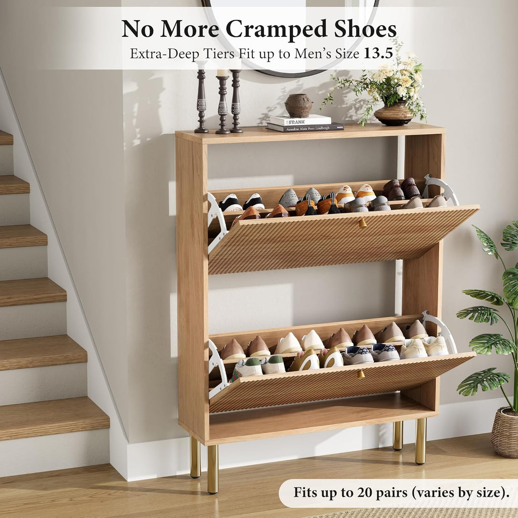 Shoe Storage Cabinet - Flip Shoe Cabinet with Tiered Fluted Design - Slim Shoe Storage Rack with Gold Legs - Narrow