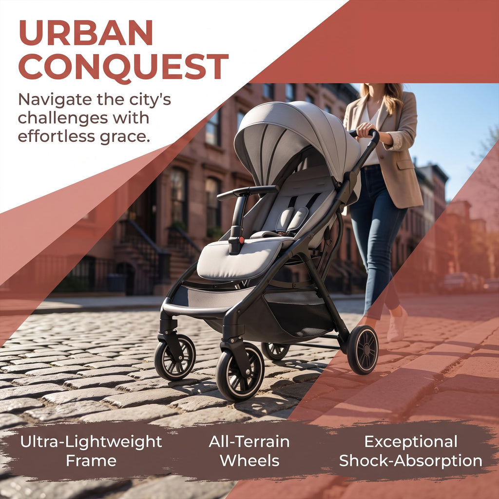 Compact Travel Stroller, Premium Grey Foldable Baby Stroller
