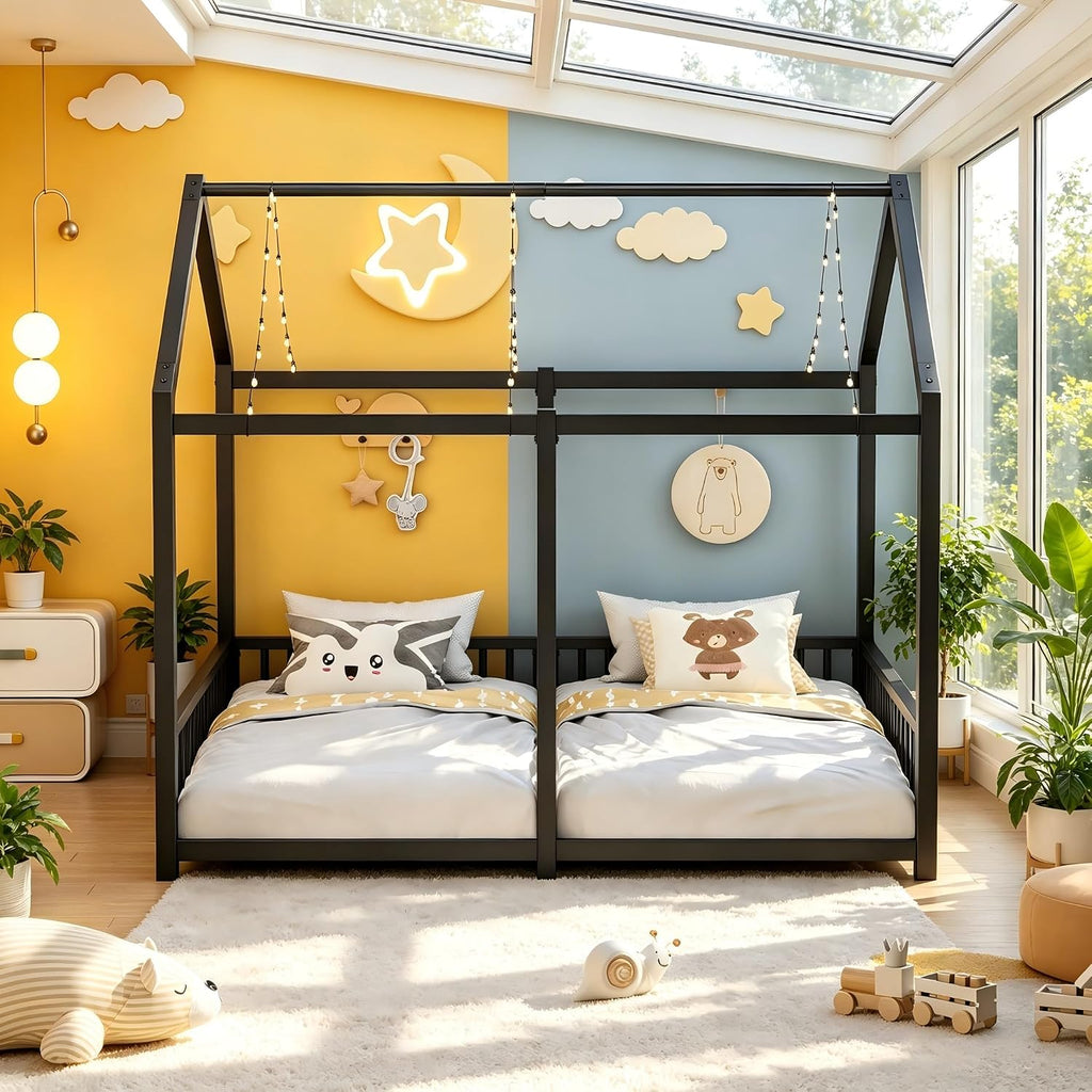 Twin Size Toddler Floor Bed,Double Bed Frames for Two Kids,Black | Montessori Floor Bed with Fence & Roof Design
