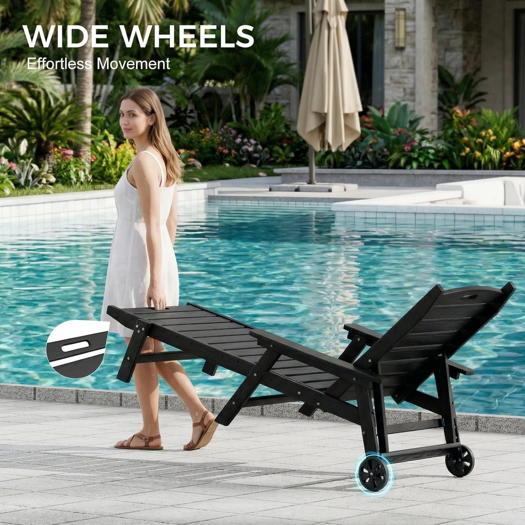 HDPE Pool Lounge Chairs Set of 2 with Wheels & Cup Holder, 6-Position Adjustable Outdoor Lounge Chair, Easy 20-Min