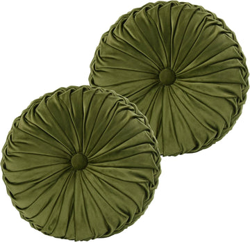 Set of 2 Decorative Round Pleated Throw Pillows, Classy Accent Pumpkin Throw Pillows with Center Button, Vintage