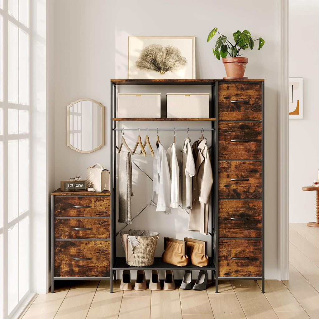 Clothes Rack with 8 Drawers, 4 Shelves & LED, 55" W×57" H Dresser with Hanging Rack, Portable Garment Rack