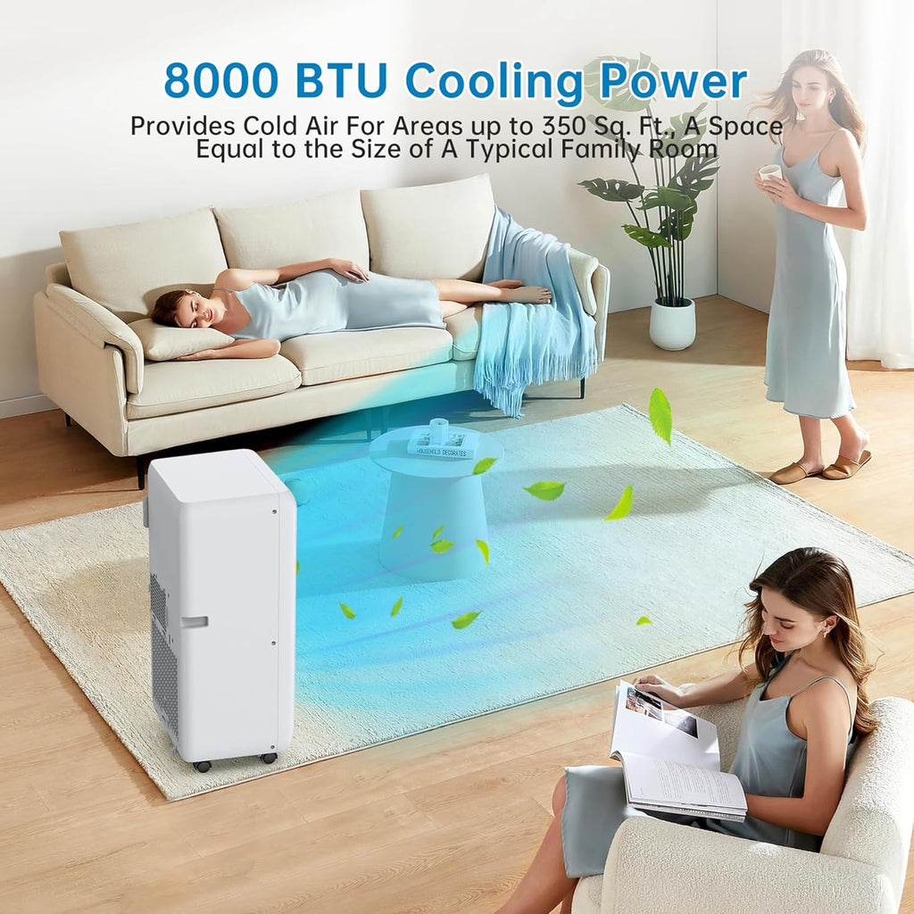 8000 BTU Portable Air Conditioner, 3 in 1 AC Unit for 350 Sq.Ft. with Built In Dehumidifier, 2 Speed Fan, Timer