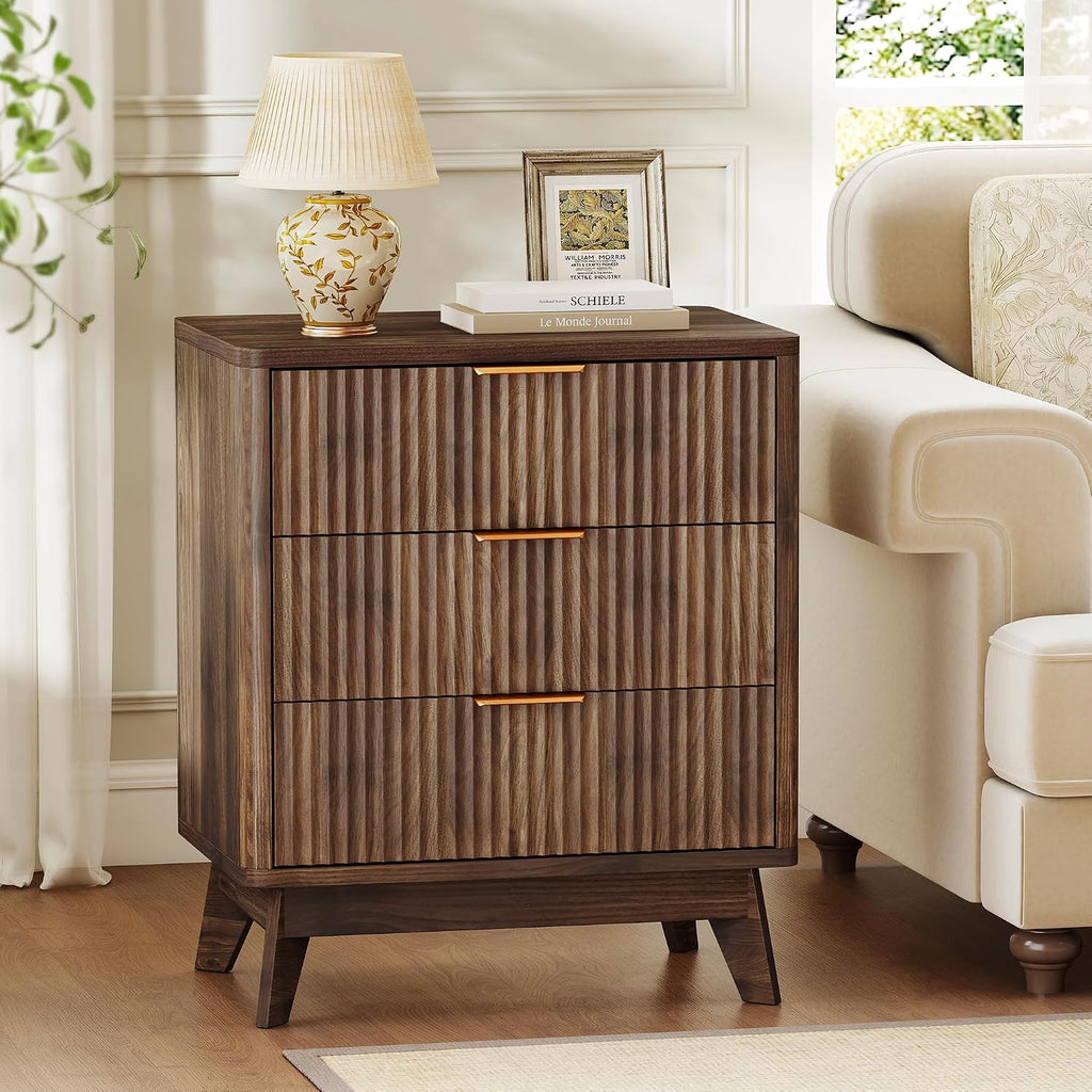 23.6" Wide Fluted Nightstand with 3 Drawers, Walnut Wood Night Stand, Modern Mid Century Bedside Table , Wooden