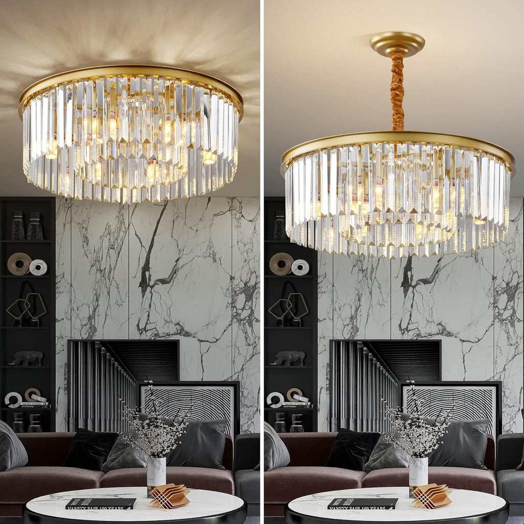 Gold Modern Crystal Chandelier, 2-Tier Round Flush Mount Ceiling Light Fixtures Height Adjustable Pendant Lighting