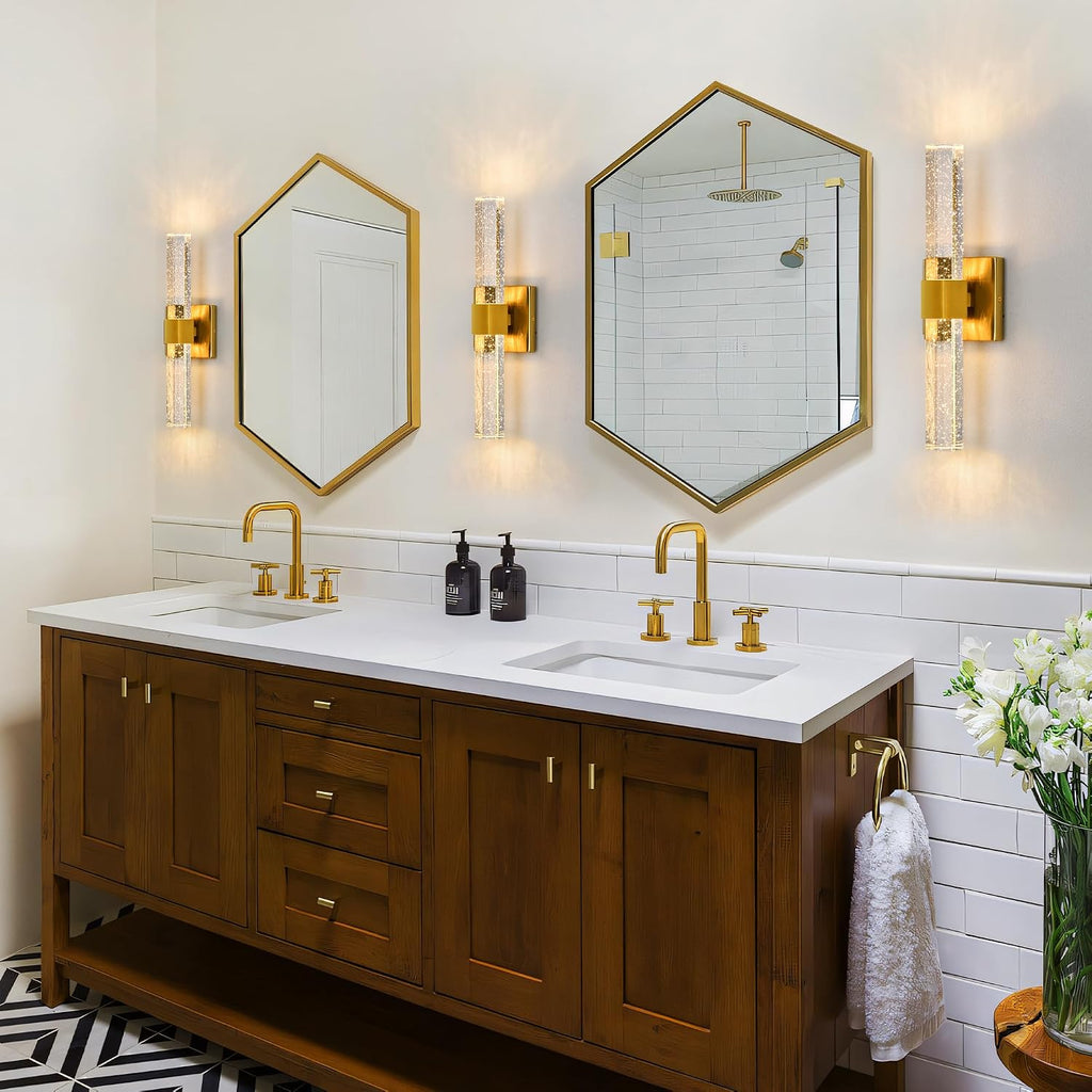 Gold Wall Sconces Set of Two - Bathroom Sconces Wall Lighting 14W Dimmable LED Crystal Wall Light with Bubble Glass