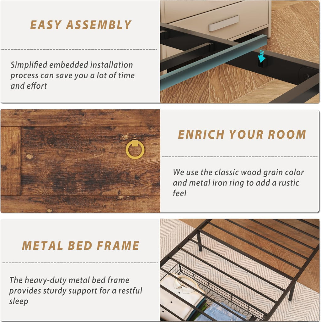 Twin Bed Frame with Storage Headboard and Drawers, Farmhouse Platform Bed Frame with Charging Station & LED Lights