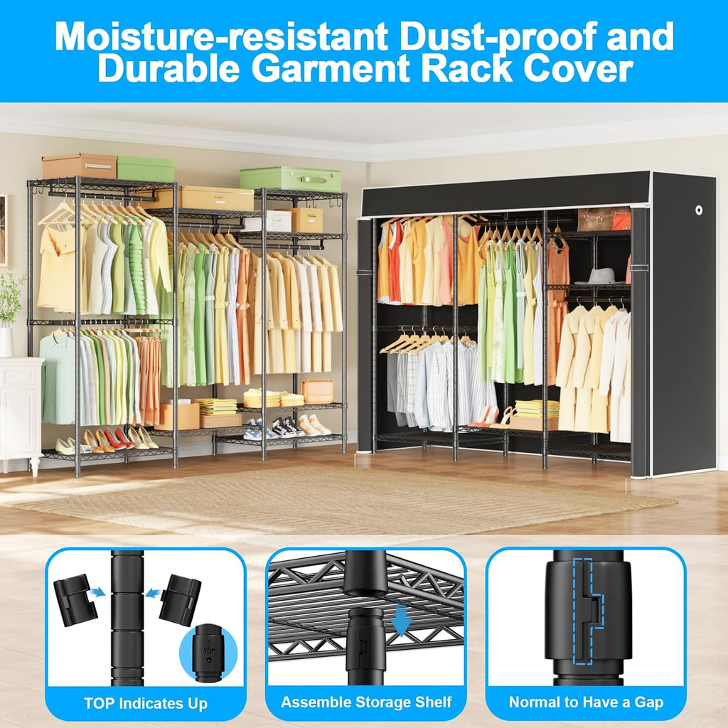 E13C Heavy Duty Closet Organizer System,Freestanding Clothing Racks for Hanging Clothes,Adjustable Garment Rack 63" W