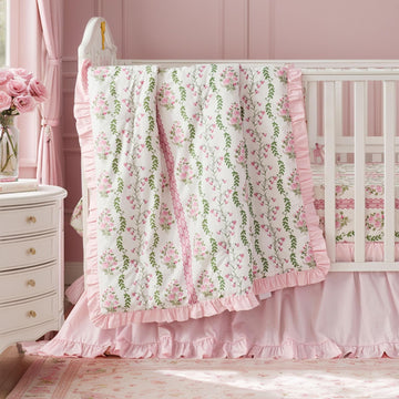 French Country Crib Bedding Set for Girls Pink Floral Stripes Vines Grandmillennial Cottagecore Print 100% Cotton
