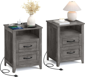 Farmhouse Nightstands with Charging Station, Set of 2 Bedside Tables, Side Tables with 2 Drawers, Open