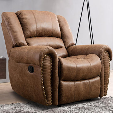 Leather Recliner Chair, Heavy Duty Manual Reclining Sofa Single Lounge Sofa Theater Seating, Light Brown