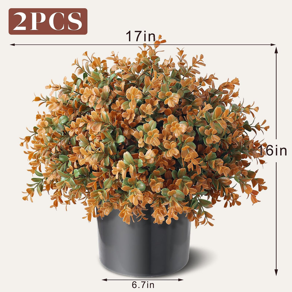 2 Set Artificial Boxwood Fall Topiary Ball Tree for Porch (Autumn Orange)