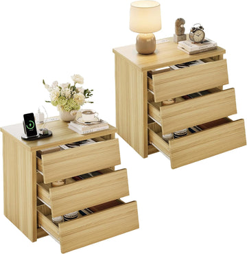 23" Wide Nightstand Set of 2 with Charger Station, Modern Night Stand with 3 Drawers, Wood End Table with USB Ports