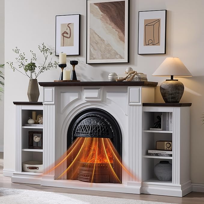 76 Inch Electric Fireplace TV Stand with Mantel, Birdcage-Style Entertainment Center for TVs up to 90 Inches, 30 Inch Insert Heater with 3D Flame, 750W/1400W