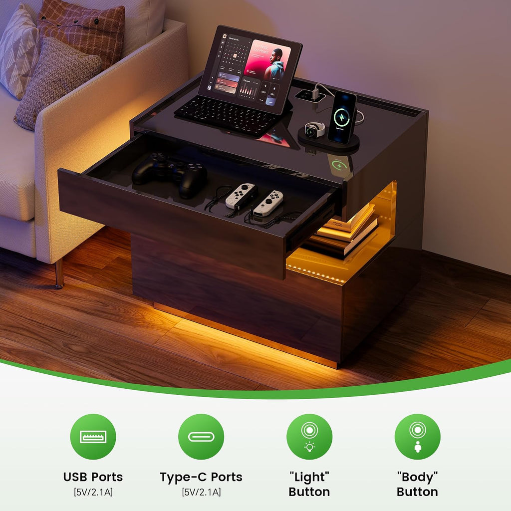 Nightstand with Gun Drawers , Smart LED Night Stand with Hidden Compartment, High Gloss Bedside Table with 3 Color