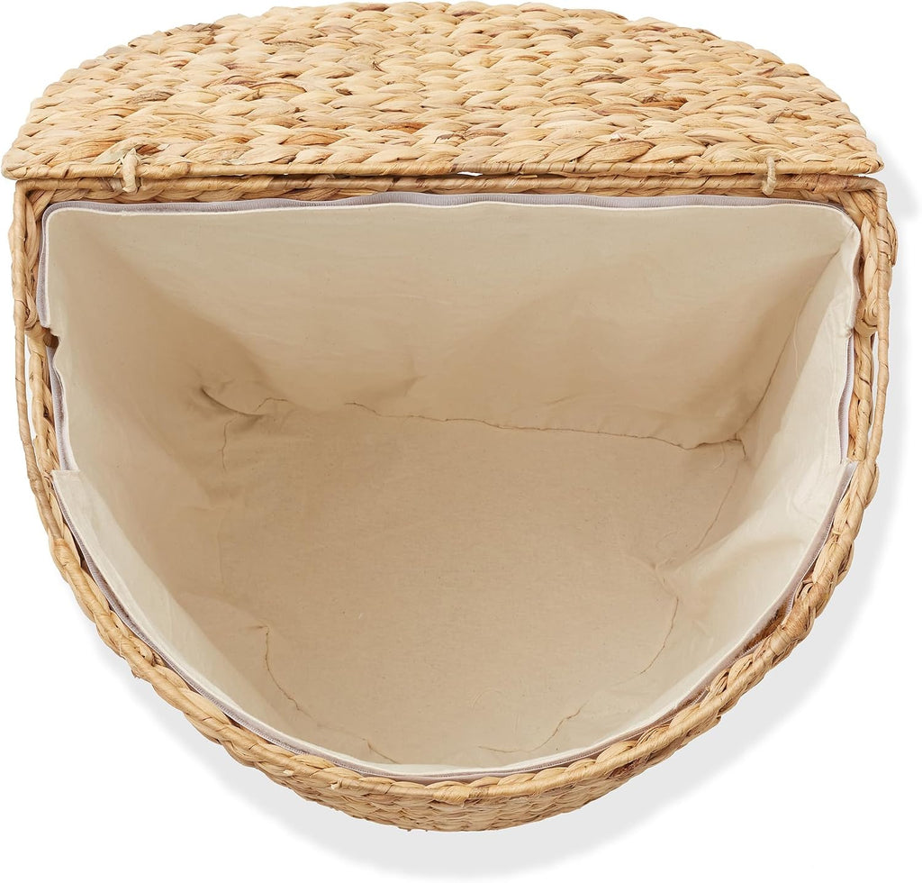 Half Moon Laundry Hamper with Lid and Removable Liner Bag - Natural, Woven Water Hyacinth Laundry Basket for Clothes