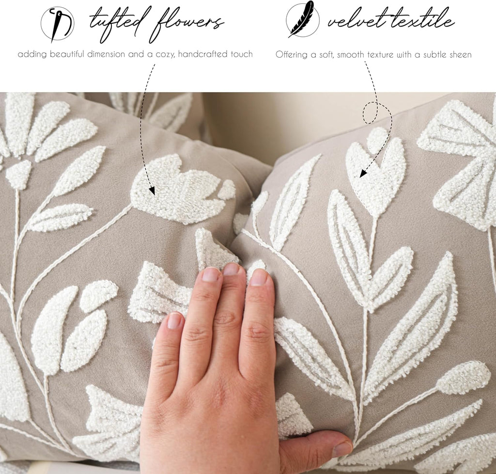 14x36 Lumbar Pillow Cover, Taupe Rectangular Long Throw Pillowcase, Embroidered Velvet Floral Tufted Farmhouse Accent