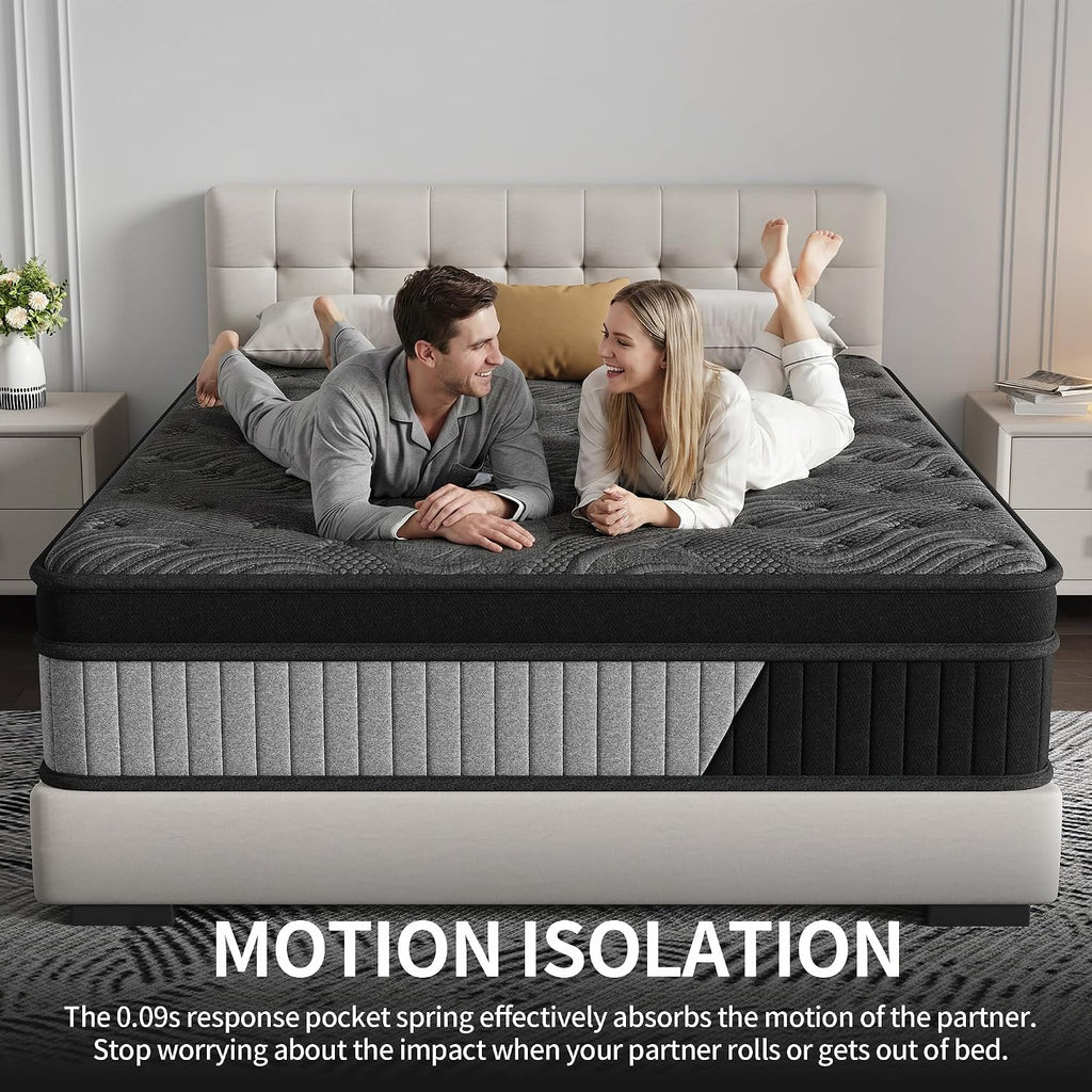 King Size 12 Inch Hybrid Mattress in a Box, Medium Firm Black and Gray Fabric Cover with Pocket Spring and Memory