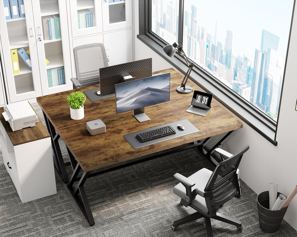 55 Inch Computer Office Desk Metal & Wood Writing Desks Rustic Brown